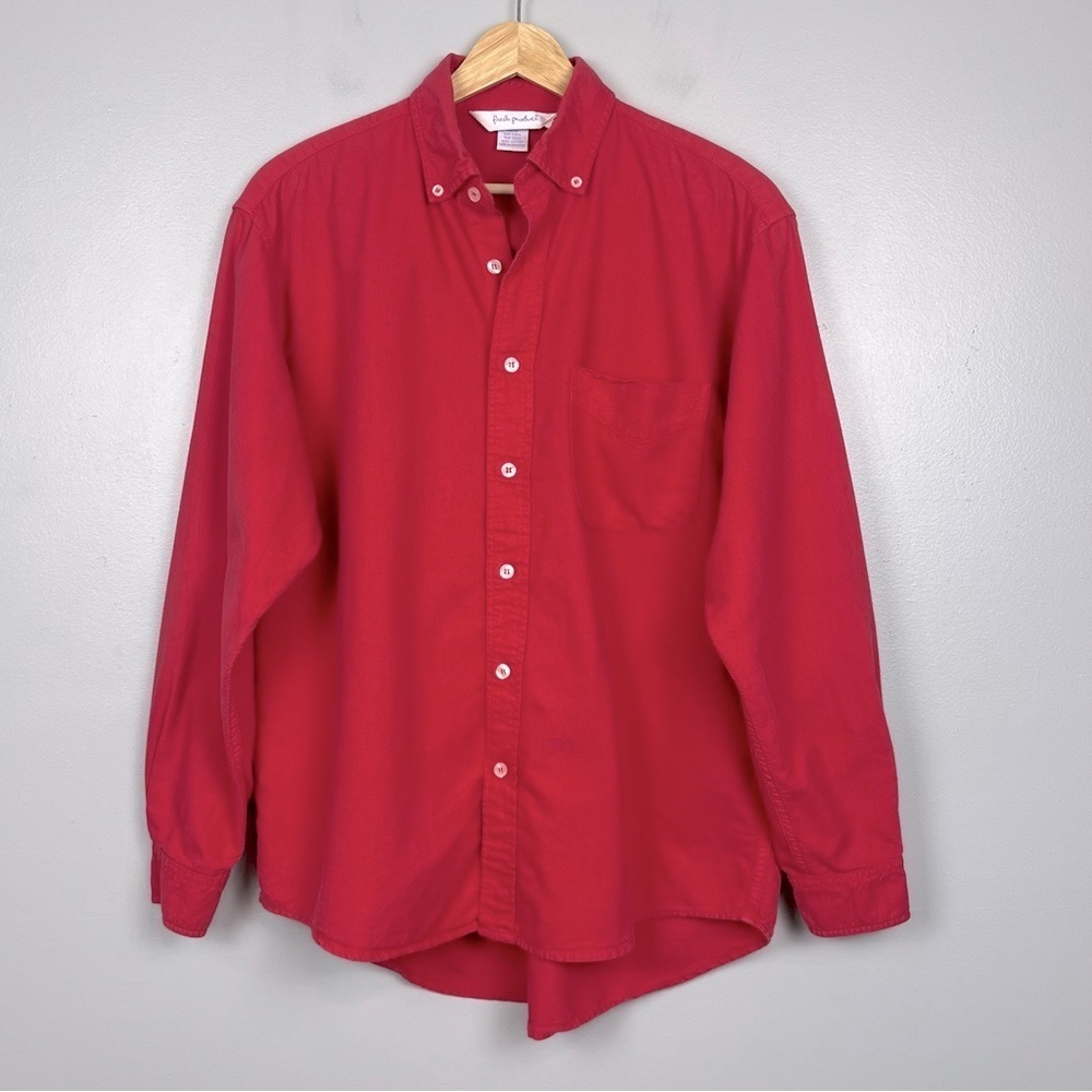 Fresh Produce men’s 100% cotton berry pink button down long sleeve shirt, small.